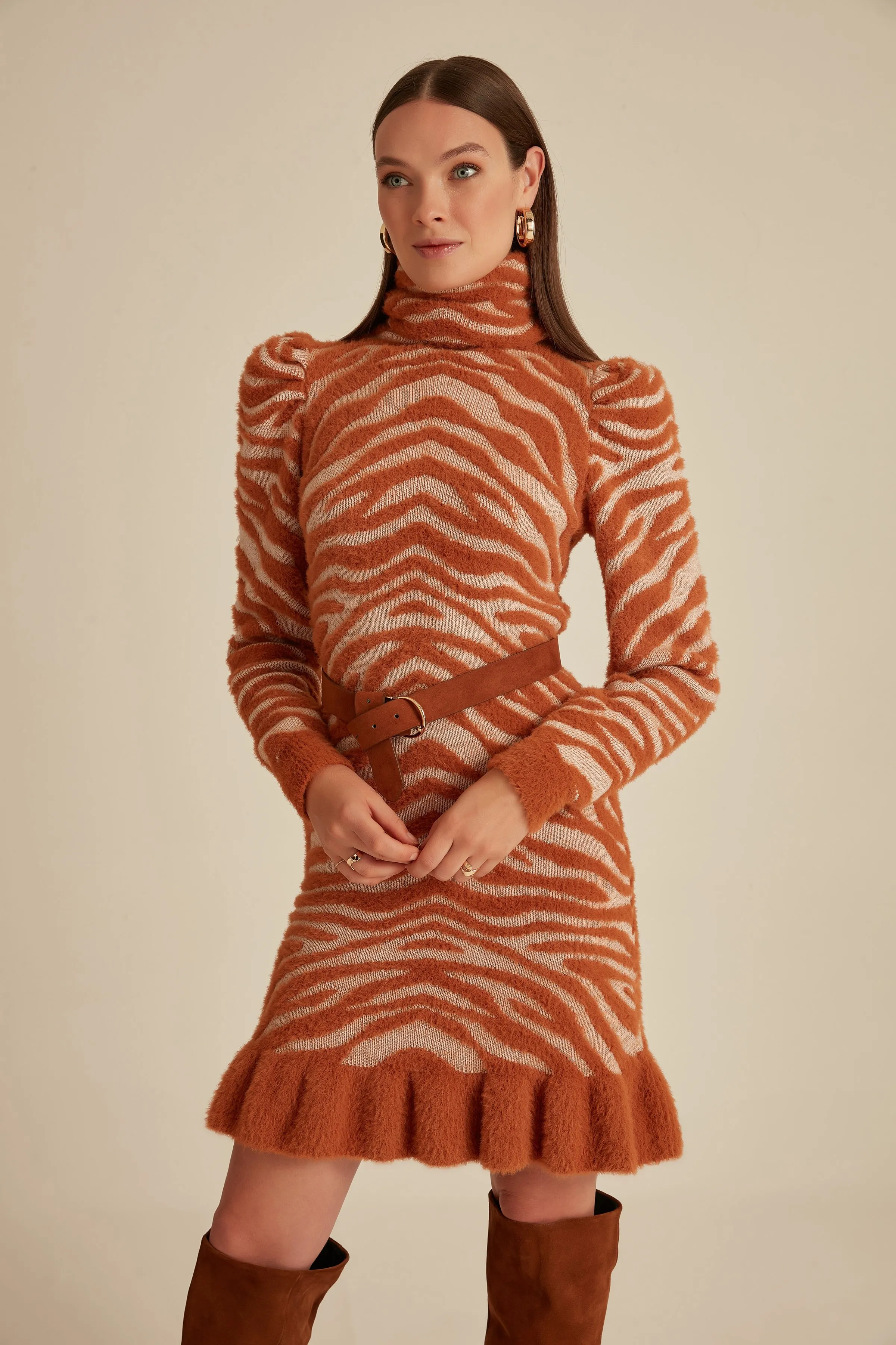 

Zebra Pattern Erect Collar Frilly Knitwear Dress