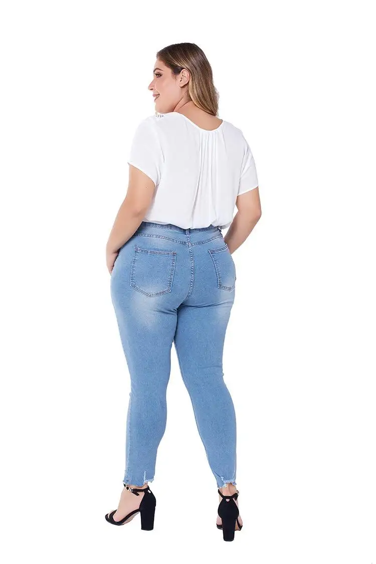 XL-5XL весенние женские рваные джинсы больших размеров, повседневные эластичные узкие джинсы с дырками, женские синие джинсовые брюки больших размеров