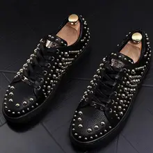 Высококачественная Мужская обувь из натуральной кожи с заклепками; блестящие заклепки повседневная обувь на плоской подошве; лоферы; обувь в стиле панк; chaussure homme