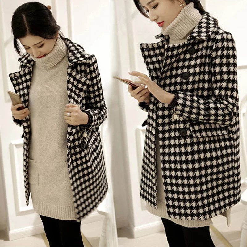 Ceny 2019 moda kobiety wełniany płaszcz ciepłe grubsze płaszcze Houndstooth wełniany płaszcz Vintage czarno biała luźna w stylu retro Plaid kobieta