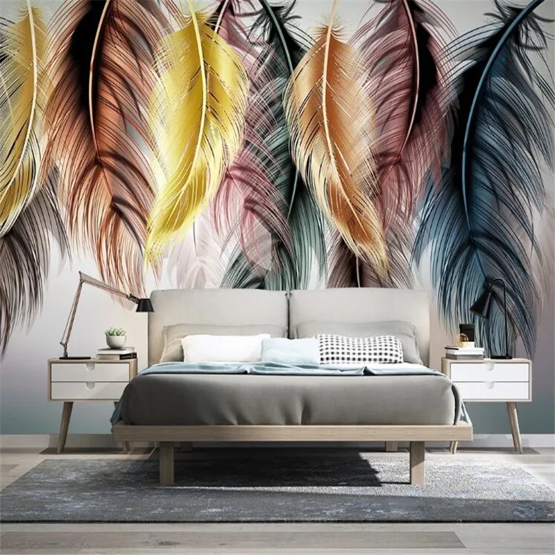 Large 3D wallpaper mural custom hand-painted Nordic modern color feather TV sofa background wallpaper mural