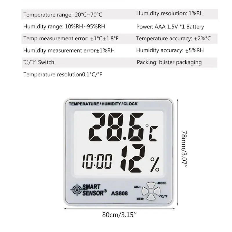 AS808 цифровой гигрометр термометр влажность температура Измеритель влажности Влажность воздуха тестер с часами
