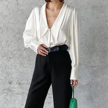 

Autumn Women V Neck Lantern Sleeve Shirt Slim Slit Wide Leg Pants Two Pieces