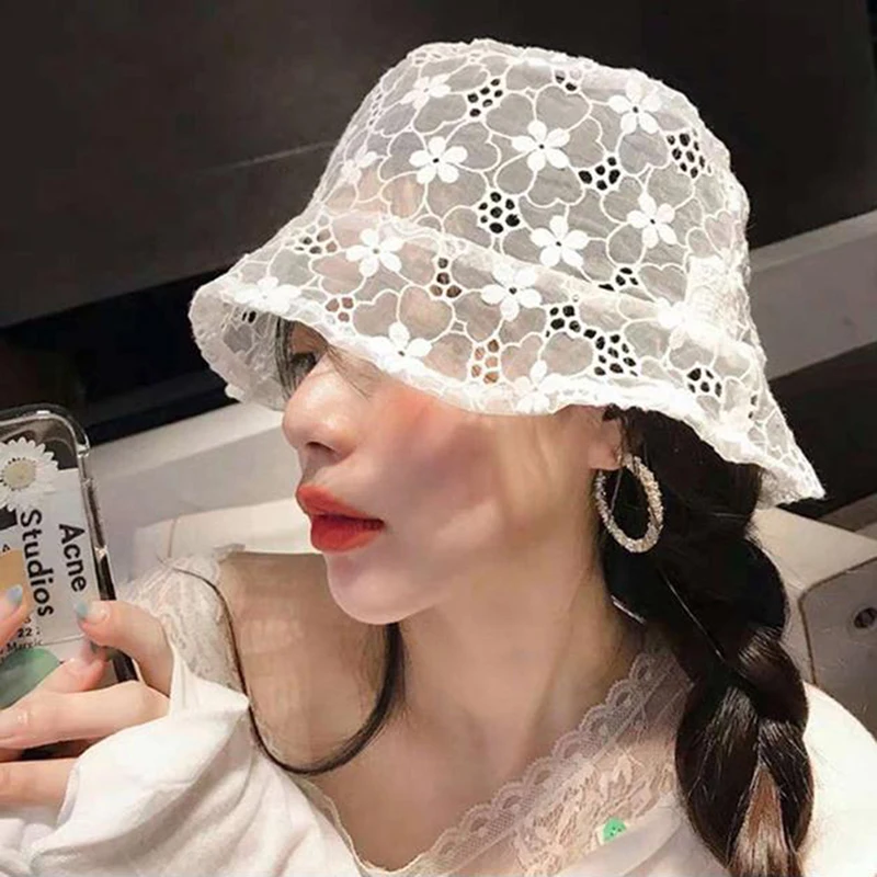 New Hot Female Hollow Lace Mesh Flower Vintage Bucket Capes Summer Japan Korea Breathable Sunshade Fisherman Hat