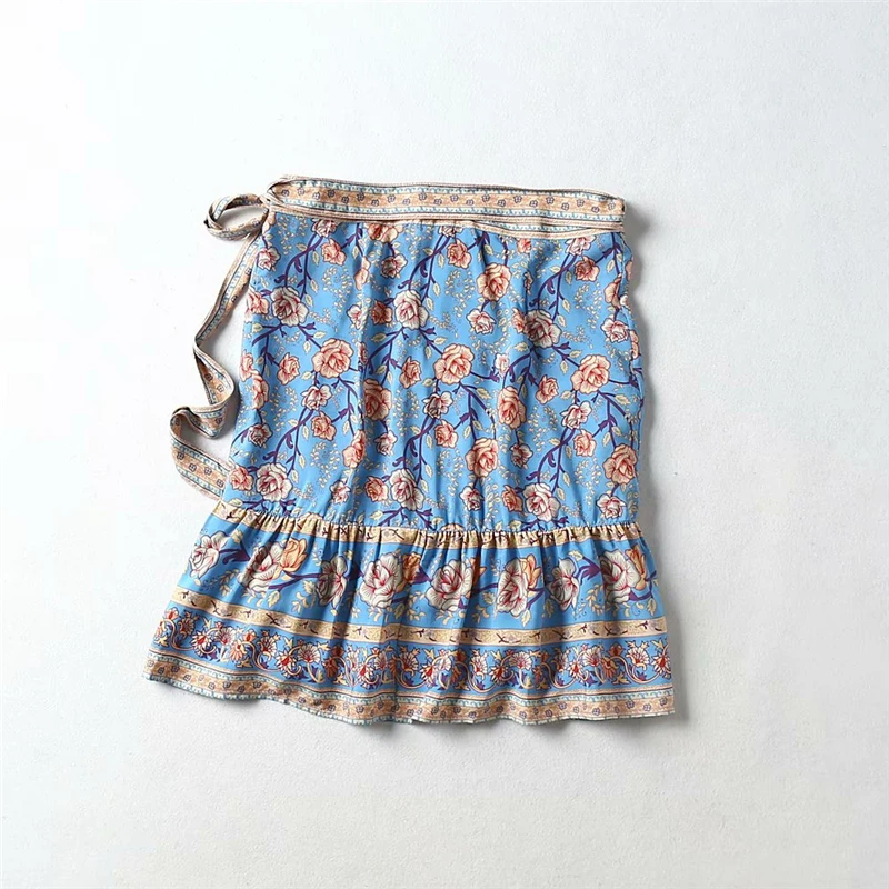 Boho chic хиппи женские богемные мини-юбки на завязках с цветочным принтом женская одежда из вискозы хлопковые пляжные юбки boho