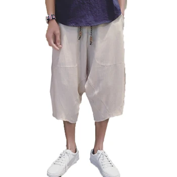 

Mens Wide Leg Pants 2019 Men Solid Casual Black Pants Male Summer Harajuku Calf-Length Pants Men Cotton Linen Baggy Harem Pants