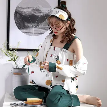 

Women 7PCS Pajamas Suit Cotton Sweet Fruit Print Top&Green Pant Home Clothes Spring Autumn New Sleepwear Lounge Nightwear