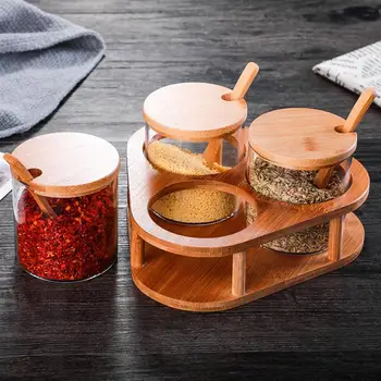 

Kitchen Seasoning Jars Set Clear Glass Condiment Seasoning Containers Holder With Bamboo Spoon And Lid Kitchen Organizer Cruet