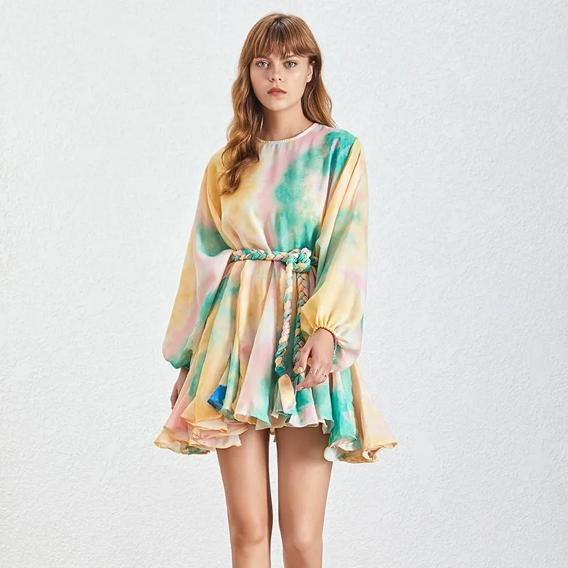 

Patchwork Womens Dress Spring Irregular Hit Color O Neck Puff Sleeve Bandage Dresses Female Casual Fashion New
