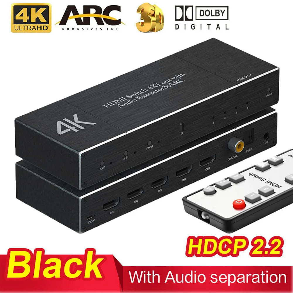 

4K 60Hz HDMI 2.0 Switcher 4X1 Splitter Matrix 4 IN 1 OUT SPDIF +3.5mm Audio Extractor & ARC HDCP 2.2 With IR Remote HDMI Adapter