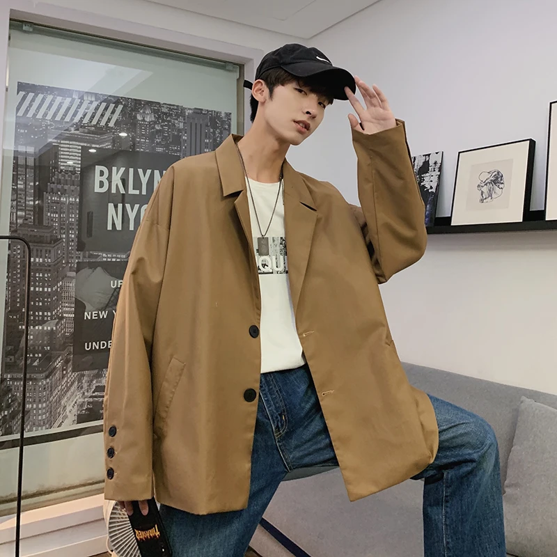 

2019 Spring And Autumn New Hong Style Fashion Casual Solid Color Single Suit Personality Loose Shirt Jacket Black / Khaki