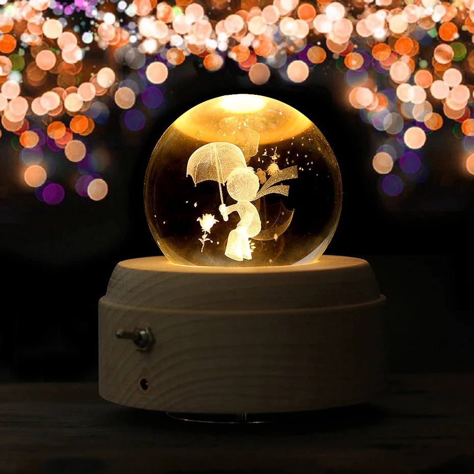 

3D little Prince Luminous swivel Music Box Valentine's Day Christmas Gift Wooden Hand Crank Music Box Decoration Crystal Ball