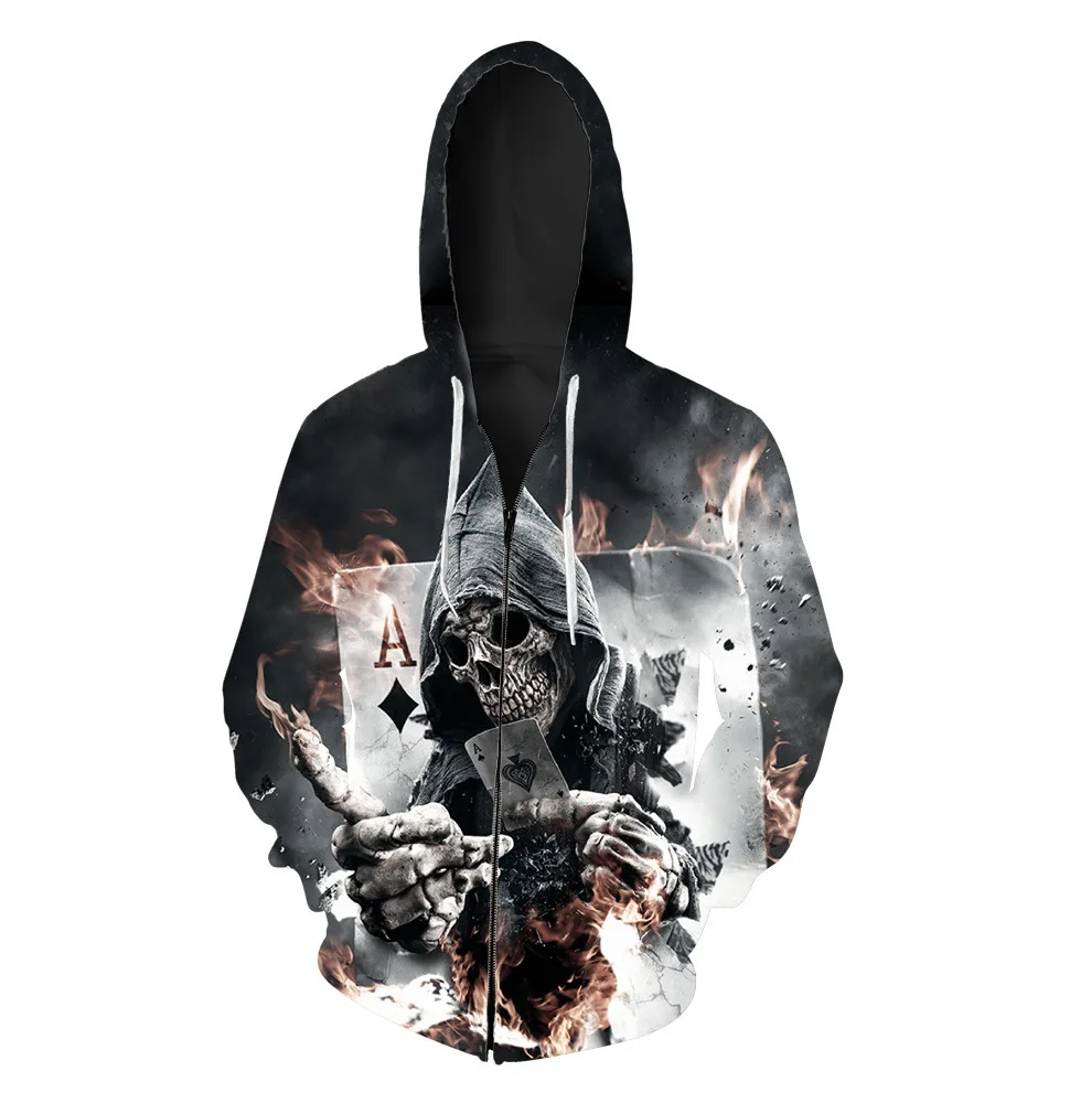 

New skeleton print men's cardigan and cap guard fashion European and American zipper guard Blouse hoodies