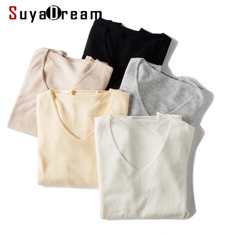 Женские пуловеры SuyaDream из 100%-ной шерсти с V-образным вырезом однотонные мягкие