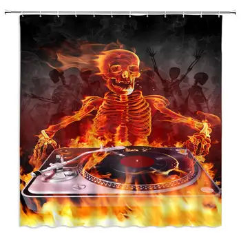 

Rock Skull Shower Curtain Flame Skull Music DJ Retro Punk Terror Bathroom Decoration Curtains Polyester Fabric Waterproof with
