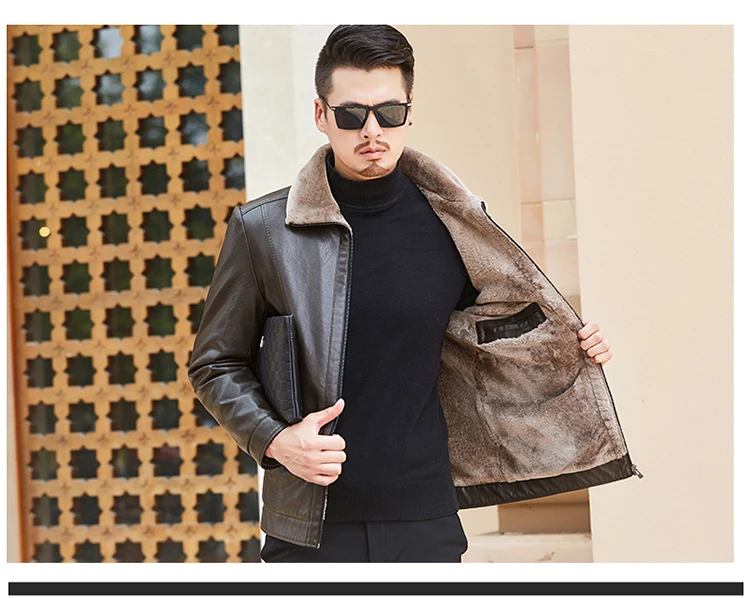 Для мужчин зимняя куртка теплая кожаная куртка Slim Fit из овечьей шерсти с отложным воротником на молнии дубленка C030