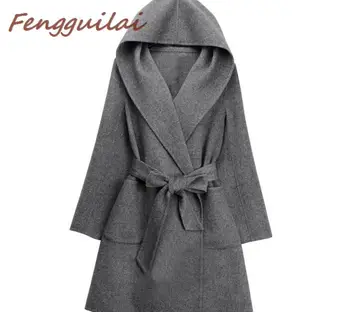 

2019 Winter Autumn Women Wool Coat Long Sleeve Khaki Black Grey Loose Warm Woolen Thick Jacket Hooded Outerwear Heavy