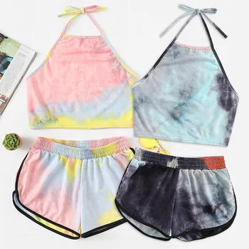 

2PCS/Set Women Sleepwear Fashion Tie Dye Nightdress Summer Bathrobe Pyjama Girls Sexy Sleeveless Lingerie Nightshirt Fashion