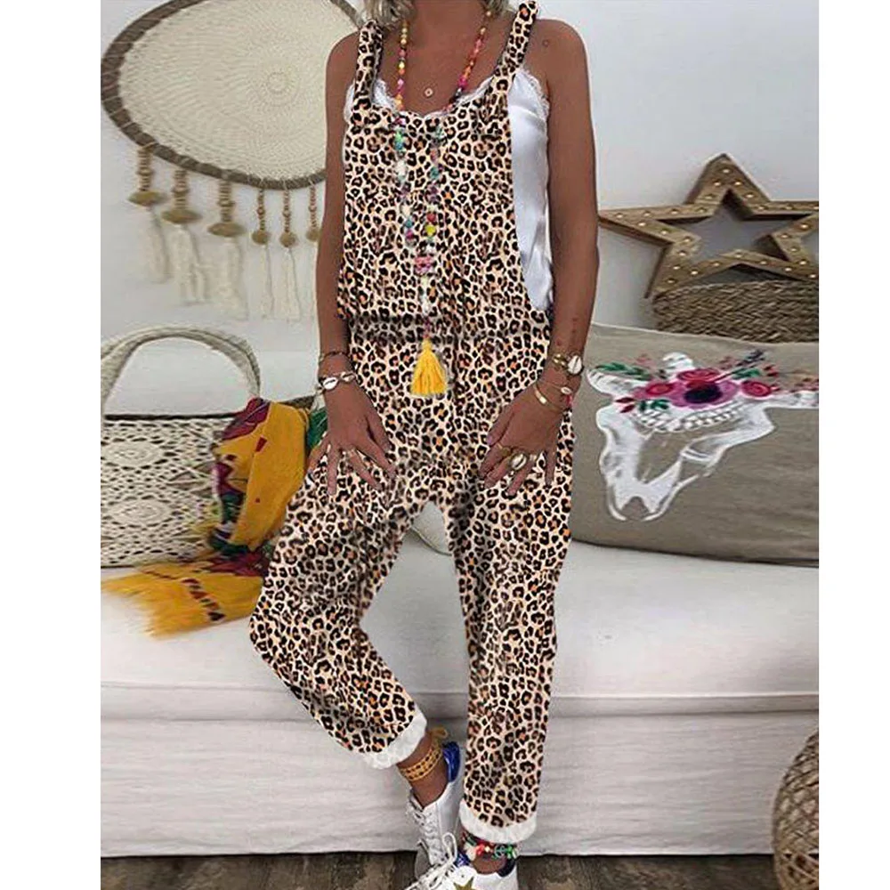 Leopard Летний женский хлопковый льняной комбинезон с длинными штанами Леопардовый камуфляжный комбинезон с принтом без рукавов с поперечным Ремешком повседневный комбинезон - Цвет: Leopard