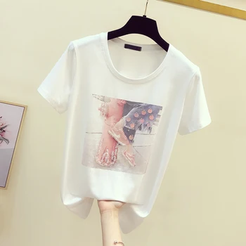 

2020 Summer Tshirt Women New Sequined Beaded Printed T-shirt Female T-shirts Loose Tops Girls Students All-match White T Shirt