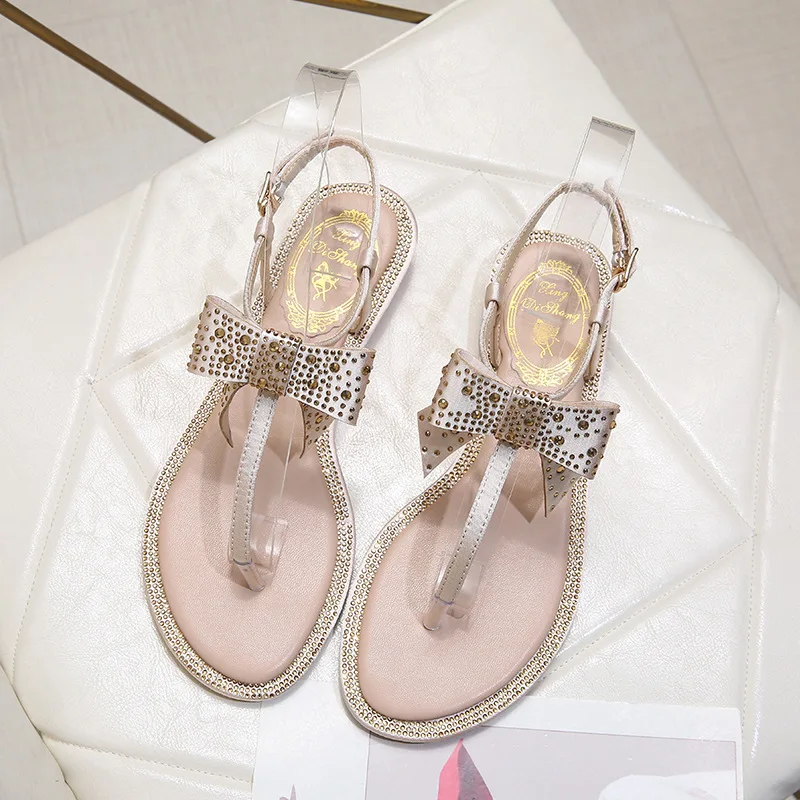 

Man-made Diamond Silk Fabrics Bow Sandals Women's Summer 2019 New Style Flat Versatile Split Toe Flip-flop Flat Heel Beach Sanda