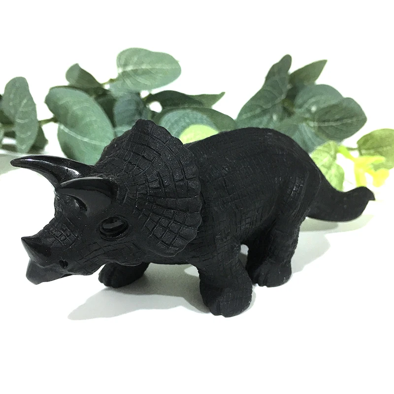 black obsidian Кристальный черный обсидиан, Трицератопс, динозавр, ручная резьба, животные для украшения дома и сбора pp - Цвет: black obsidian