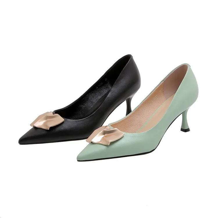 

Mei yi lang Handmade WOMEN'S Shoes Thin Heeled Pointed-Toe Metal Buckled Low-top Shoes inside And Pure Leather Quality High Heel