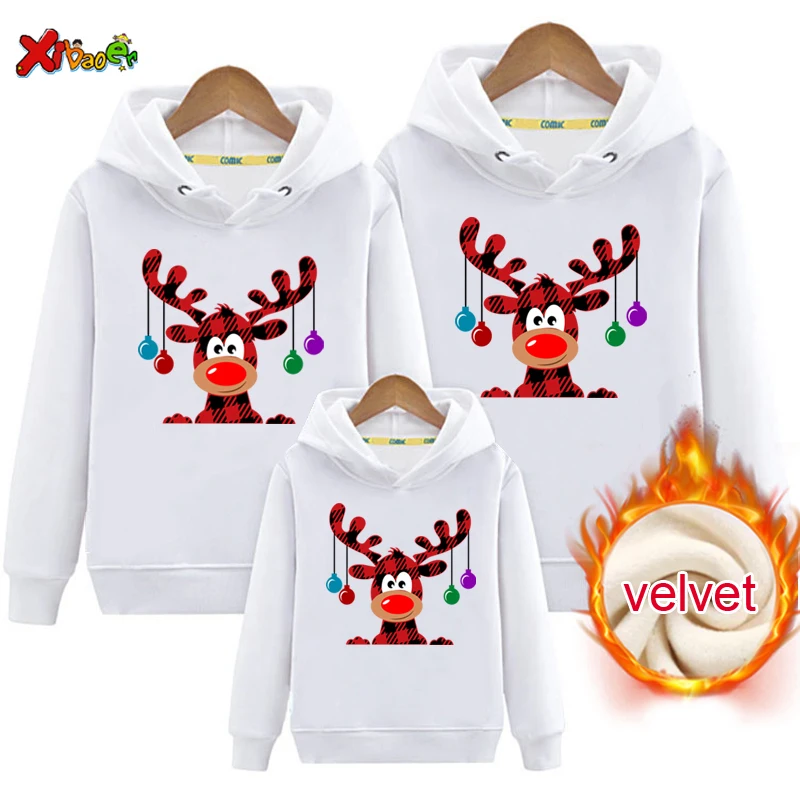 thumbnail image 4 of Sudadera con capucha para la familia, suéter navideño con ciervos, ropa de Rodolfo, sudadera cálida de invierno para niños, jersey de terciopelo, atuendo a juego para papá, 4 of 5