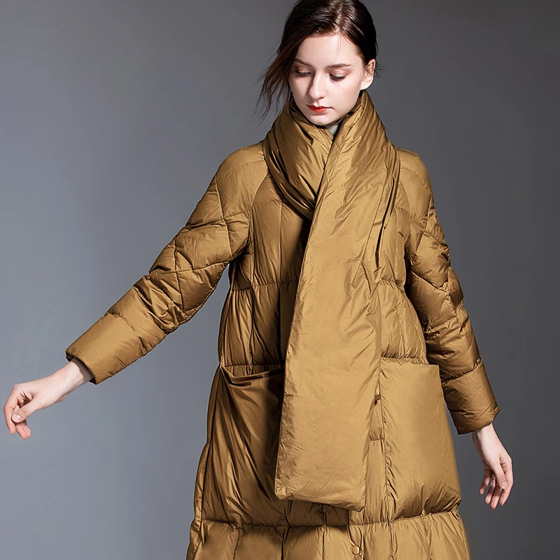 

Women Down Coats Korean Style Stand Collar With Scarf Jackets White Down Duck Warm Khaki Outwear Oversize Loose Long Parkas 2020
