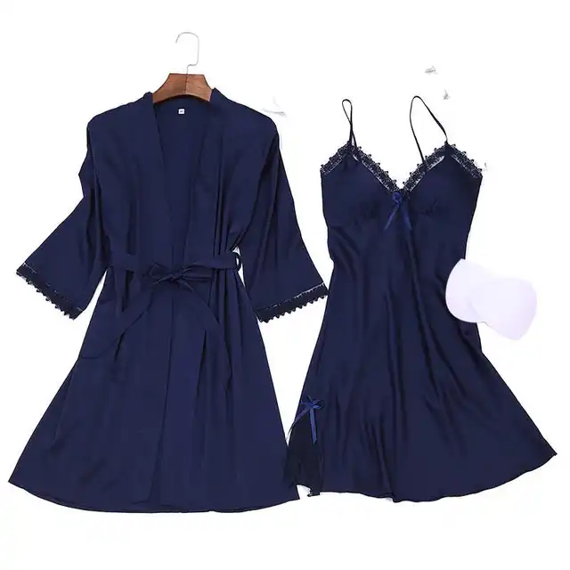 Sexy Summer Womens 2PC Robe Bath Gown Strap Top Kimono Pajamas Sets Sleepwear Lady Home Wear Nightgown Suit Sleepshirts M-XXL 6