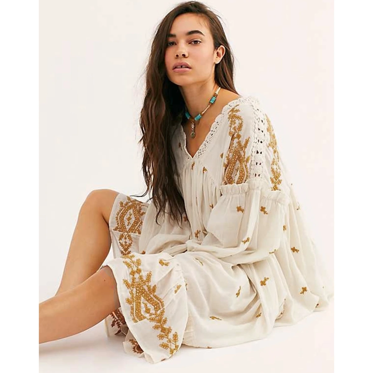 Женское платье миди с цветочной вышивкой Boho весеннее винтажное длинным рукавом v