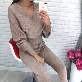 

Taotrees Women Casual Knitted Sweaters Pants 2Pcs Set Cross V-neck Batwing Sleeve Jumpers Tops and Trouser Sets