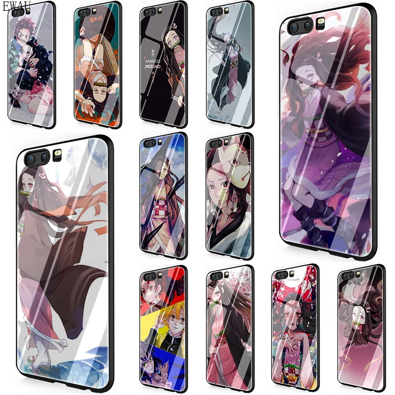 

EWAU Anime Kimetsu no Yaiba Tempered Glass phone case for Huawei P10 P20 P30 Mate 20 Lite pro P Smart Y6 Y9 Honor 8X 9 10