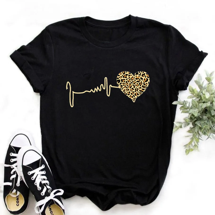 Summer New 90 ’s Leopard Heartbeat Short Sleeve Print Clothing Women's T-Shirt 1