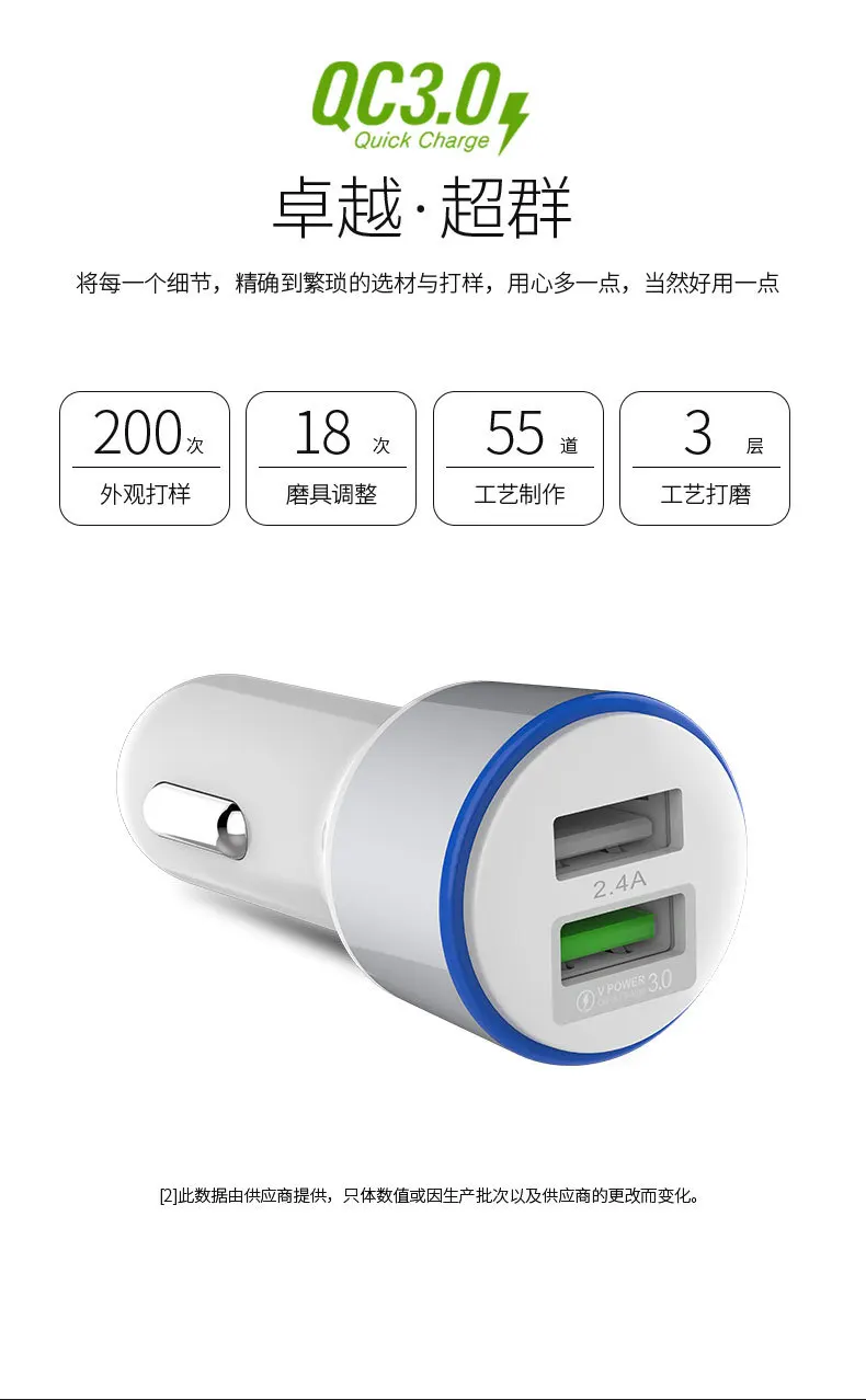 New Style QC3.0 Fast-Charging Car Mounted Charger One plus Two Multi-functional Car Mobile Phone Charger Double USB Car Charger
