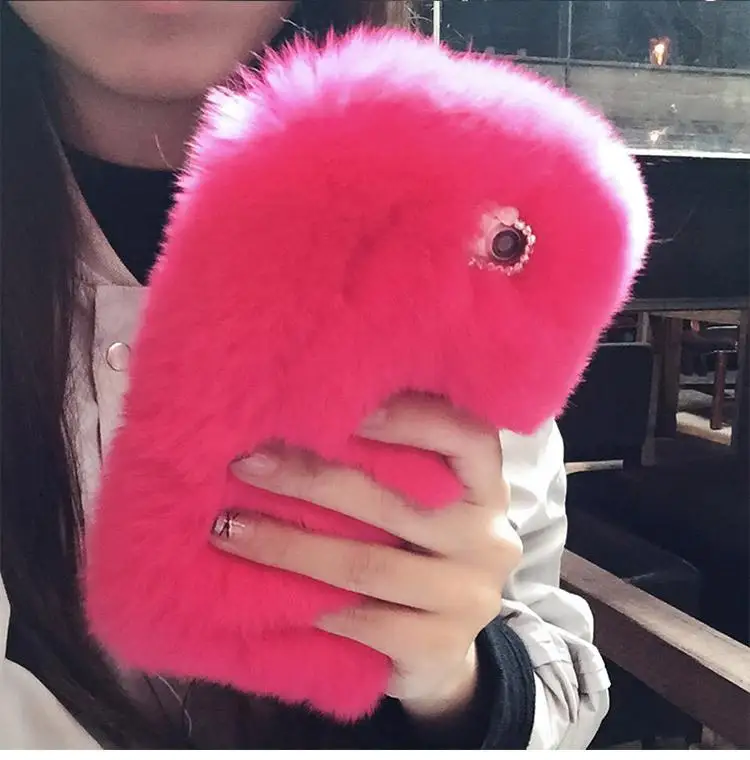 Cute plush rabbit fur anti-fall mobile phone case is for iphoneXR mobile phone case for iphone8plus soft case 11pro - Цвет: Розово-красный
