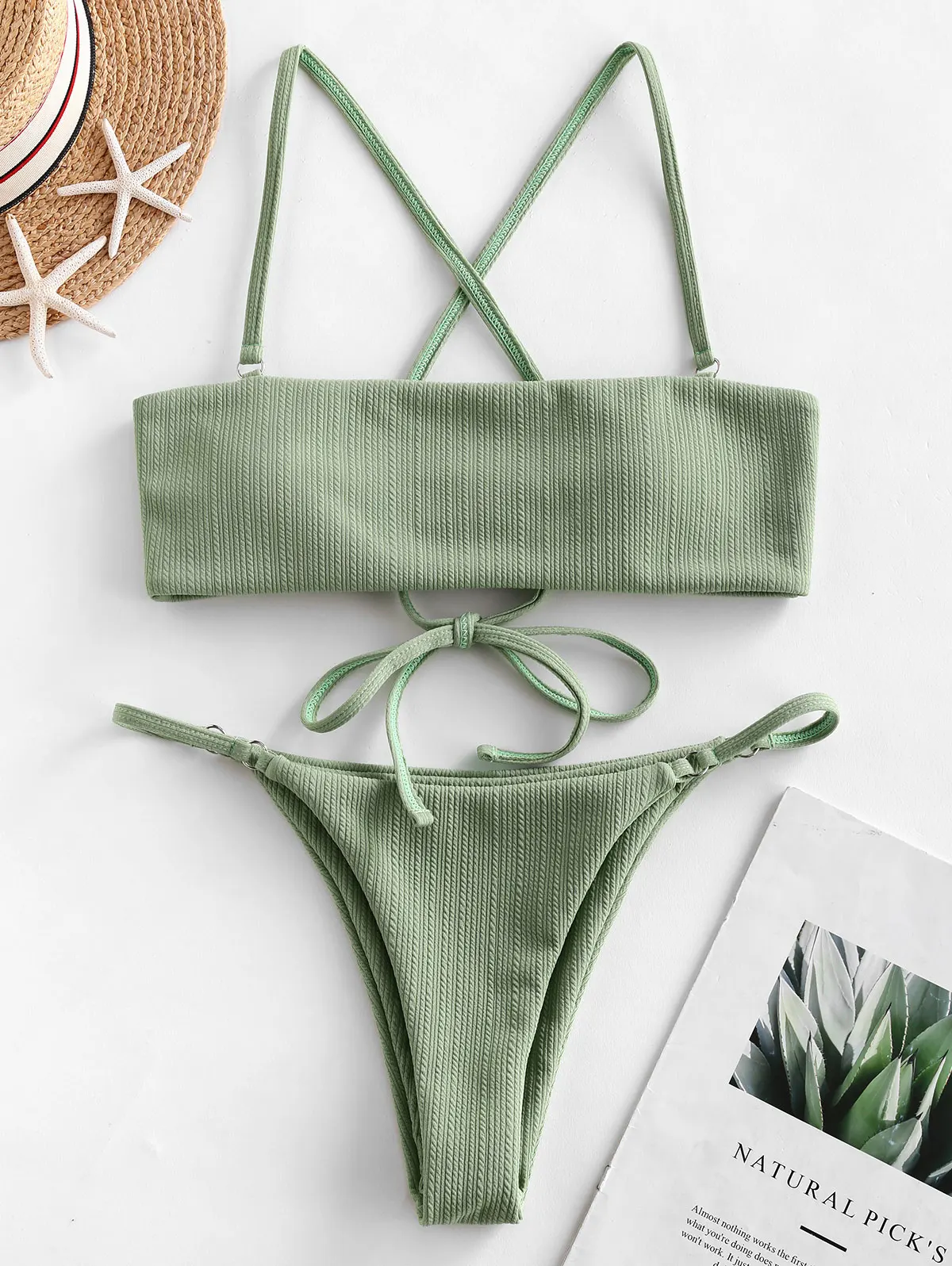 

ZAFUL Ribbed Textured Lace Up Bikini Swimsuit