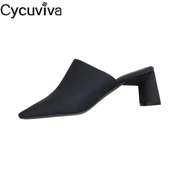 

Classic Square Toe Slippers Woman Comfy Chunky Sole Black Silk Party Shoes Runway Wrap Toe High Heel Outside Mules Slippers