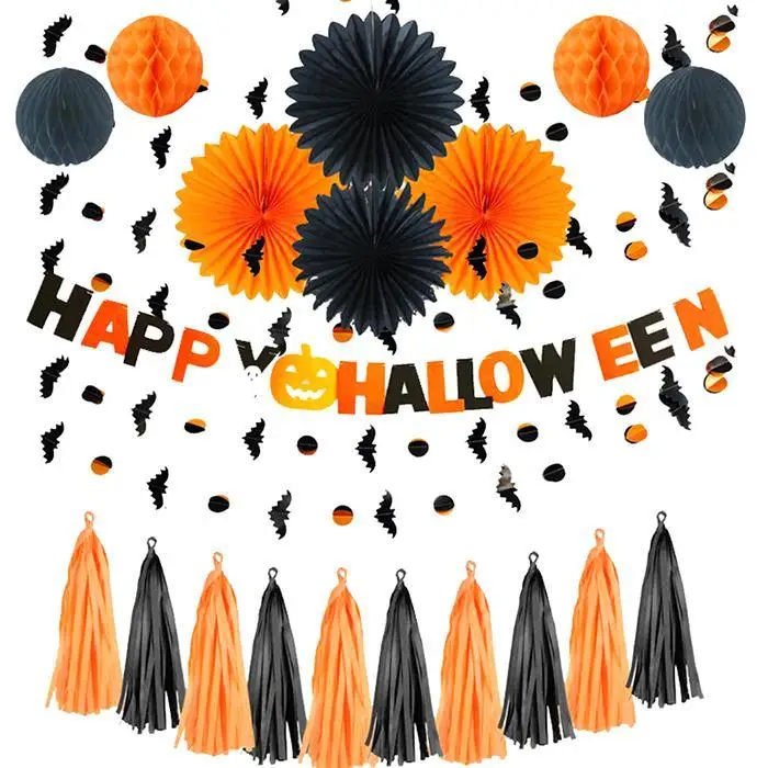 Halloween Honeycomb Paper Ball Letter Banner Set Party Supplies Decoration Black Orange Props