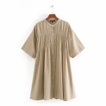

2020 New women o neck short sleeve solid poplin straight mini shirtdress women chic press pleated vestidos casual dresses DS3493
