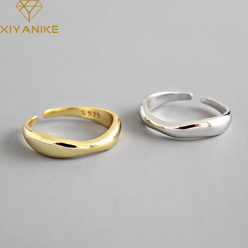 XIYANIKE 925 Sterling Silver Irregular Wave Rings Trendy Simple Geometric Handmade Jewelry for Women Couple Size 17mm Adjustable afbeelding