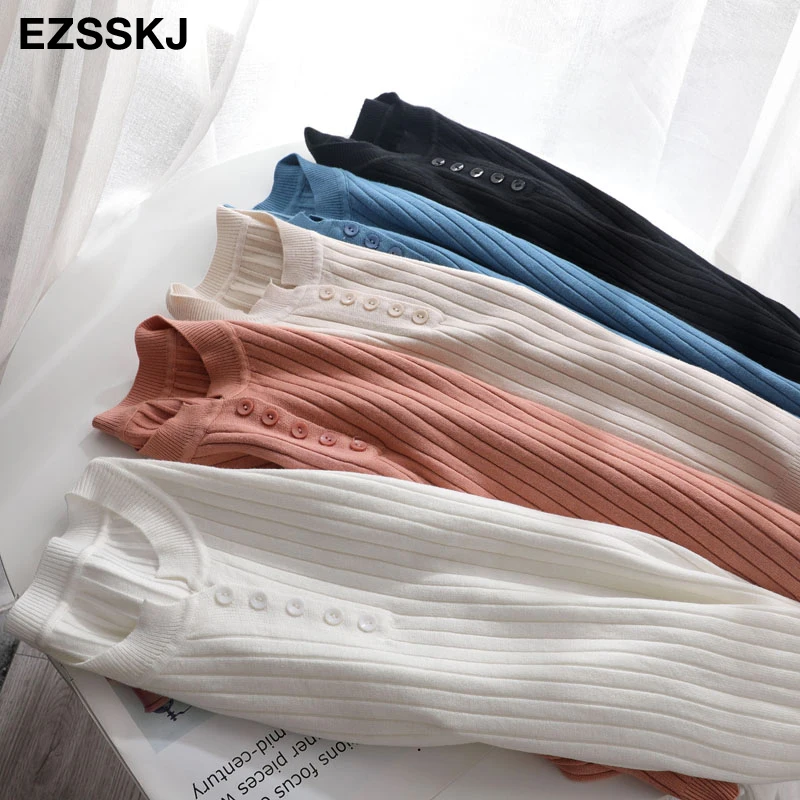 2020 autumn winter thick Sweater Pullover women long sleeve Fashion O-Neck bling Button chic knit sweater top | Женская одежда