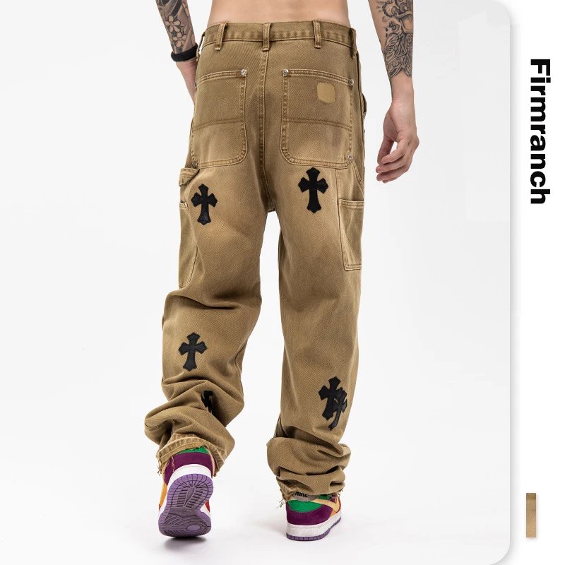 Jeans da uomo in pelle nera con croce nera per uomo 2021 Jeans High Street  Homme pantaloni dritti marroni Moto Denim pantaloni Moto - AliExpress Men's  Clothing