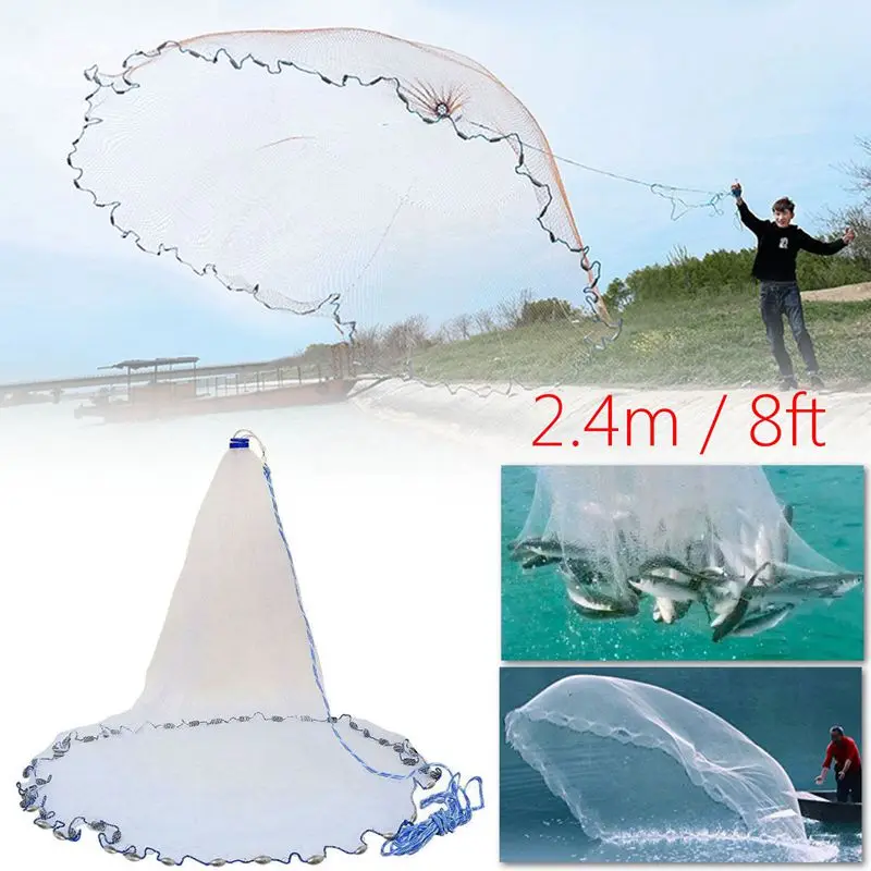 8Ft 2.4M Fishing Net Bait Easy Throw Hand Cast 3/4 inch Strong Nylon Mesh+ Sinker
