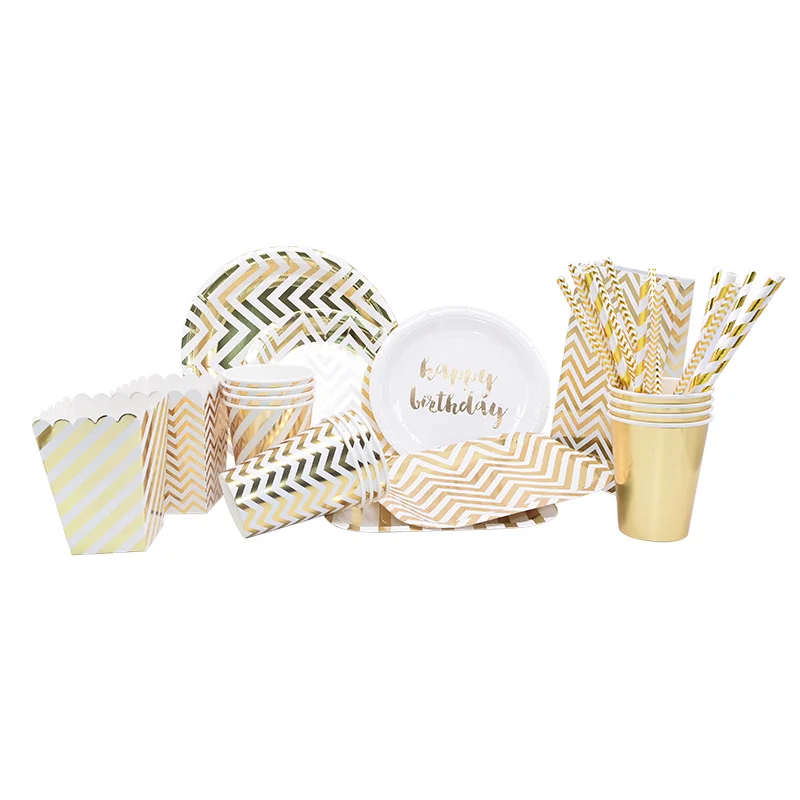 1set Gold Stripe Disposable Tableware Plate Cup Napkins Straw Baby Shower Birthday Party Decoration Wedding Home Supplies