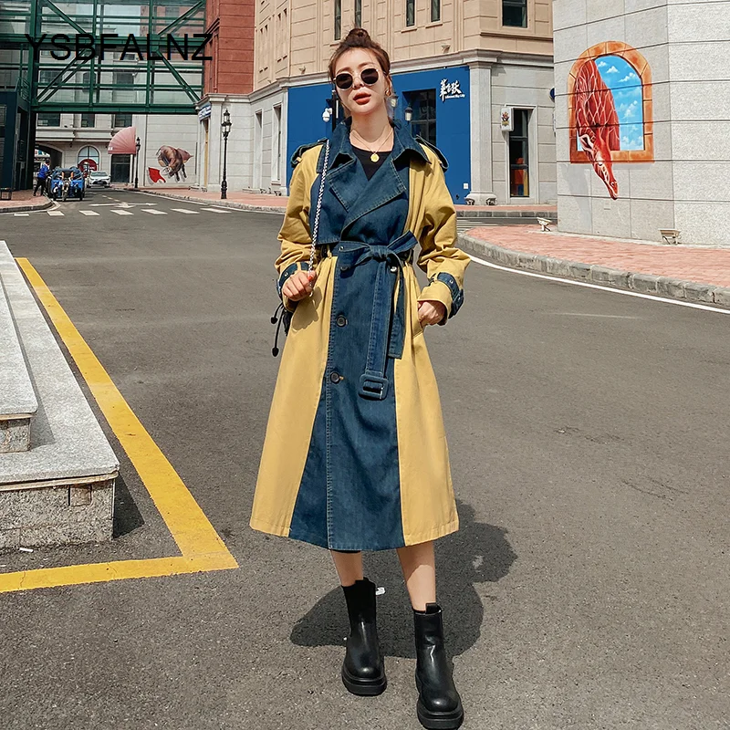 

Windbreaker Female Contrast Stitching Double-breasted 2023 Spring Autumn Loose Casual Over Knee Long Denim Trench Womens Coats