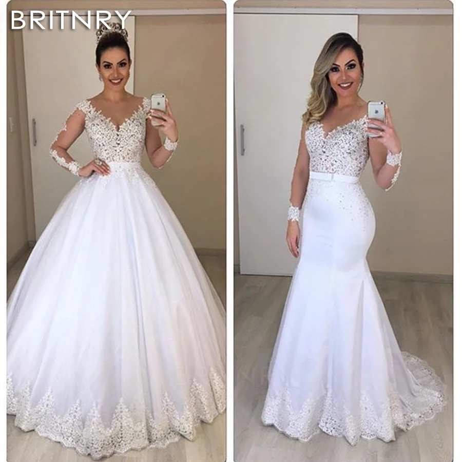 BRITNRY, стиль, свадебное платье, 2 в 1, сексуальное, кружевное, Русалка, свадебные платья, съемная юбка, свадебные платья, Robe De Mariee