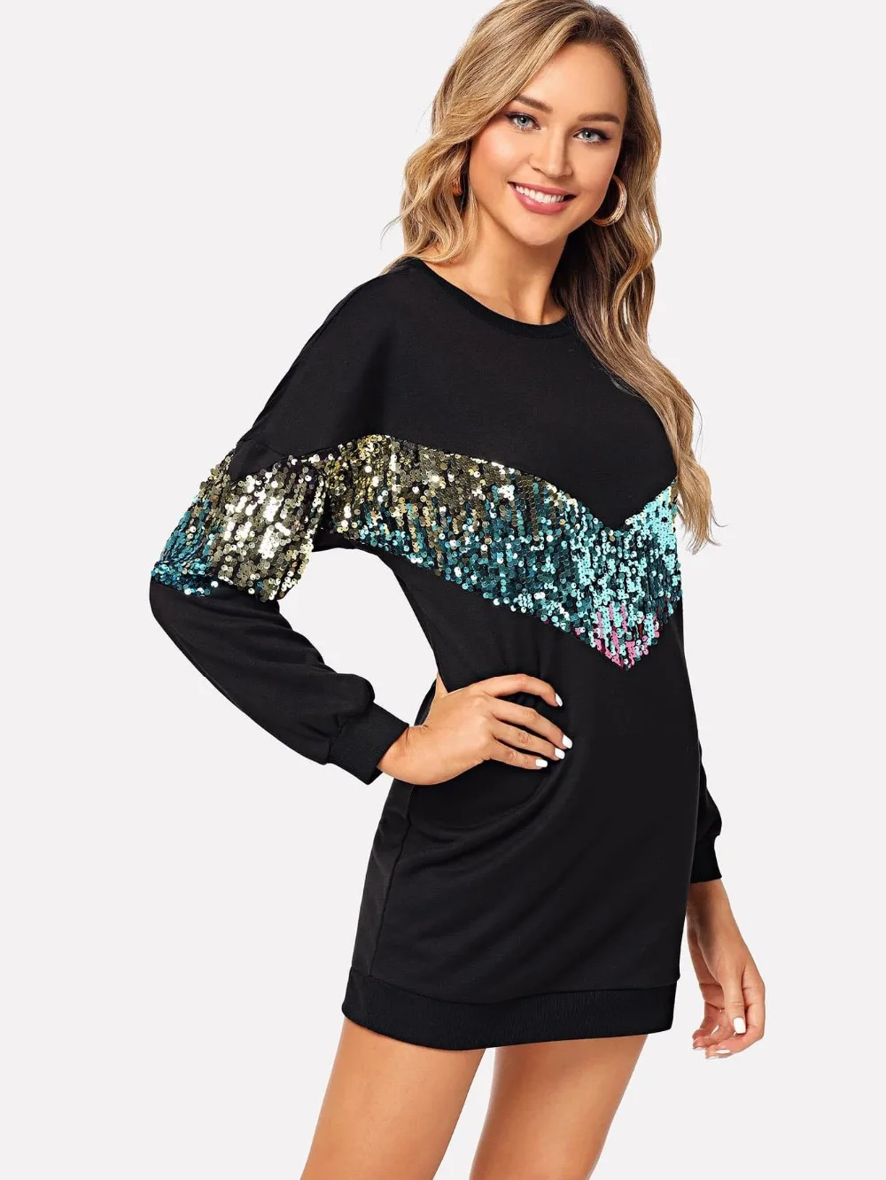 ADFVAT блестящие красочные Sequines Лоскутная с длинным рукавом Топ для женщин О образным вырезом Свободные Повседневная футболка мода весна с капюшоном TS005