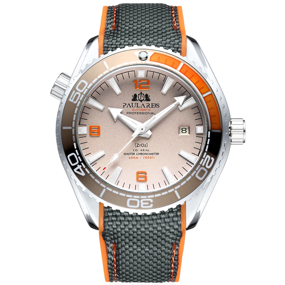 White Orange Grey Мужские автоматические механические холщовые часы с резиновым ремешком James Bond 007, стильные оранжевые, синие, красные классические часы с вращающейся рамкой - Цвет: White Orange Grey