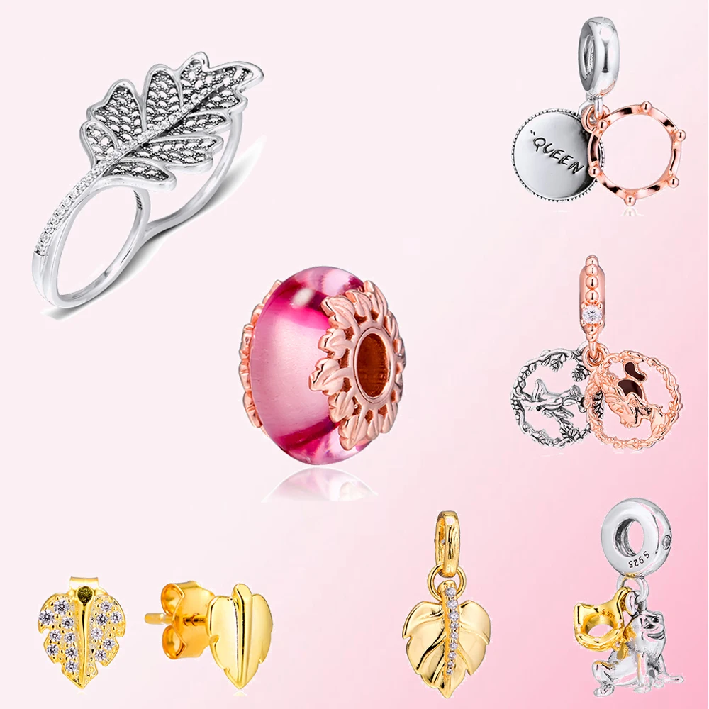 100% 925 Sterling Silver 2019 Autumn Jewelry Leaves Maple Glass Beads Ring Earrings Crown Pendant Frog Dangle Charm | Украшения и
